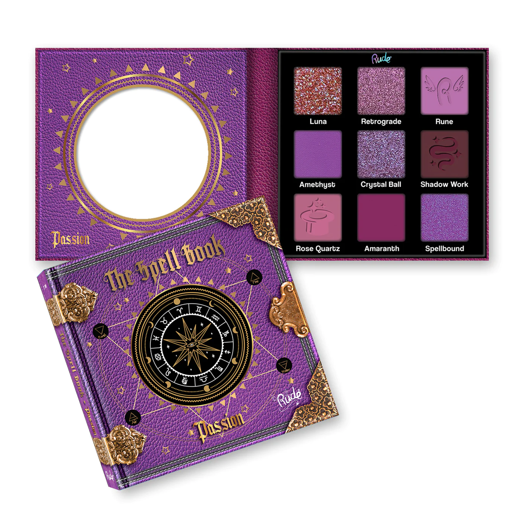 The Spell Book, smooth and blendable Eyeshadow Palette, Passion, Rude Cosmetics